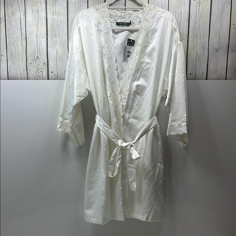 NWT Lauren by Ralph Lauren XL Satin Robe with Lace Trim and Tie Belt